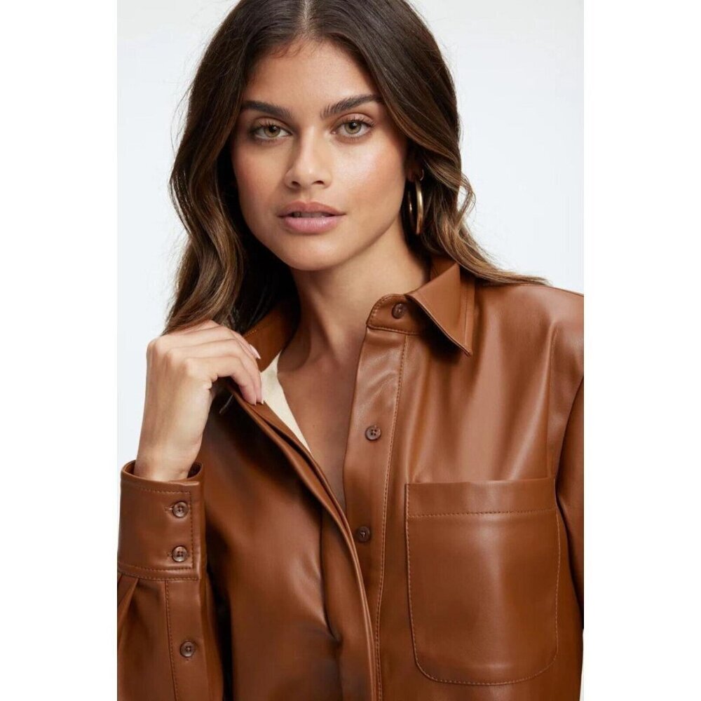 Good American Better Than Leather Shirt Women's Faux Leather Size 2 Burn Caramel - Picture 11 of 13